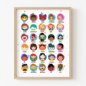 30 émotions et sentiments visages, impression murale pour enfants, ressource d'apprentissage, art de la diversité, préscolaire, affiche d'école, salle de jeux, décoration de chambre d'enfants