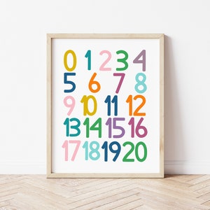 Puede incluir: Un p&oacute;ster imprimible colorido con los n&uacute;meros del 0 al 20 en un patr&oacute;n de cuadr&iacute;cula. Cada n&uacute;mero es de un color diferente, incluyendo amarillo, naranja, rosa, azul, verde y morado.