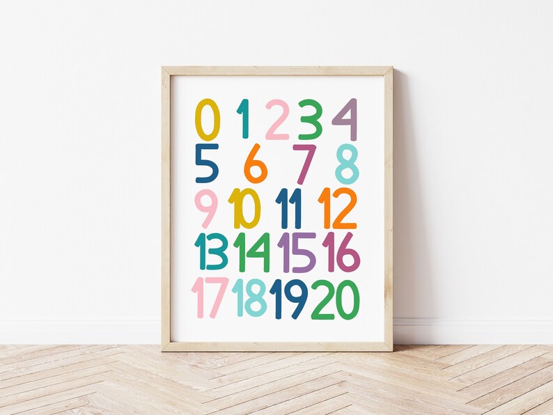 Puede incluir: Un p&oacute;ster imprimible colorido con los n&uacute;meros del 0 al 20 en un patr&oacute;n de cuadr&iacute;cula. Cada n&uacute;mero es de un color diferente, incluyendo amarillo, naranja, rosa, azul, verde y morado.