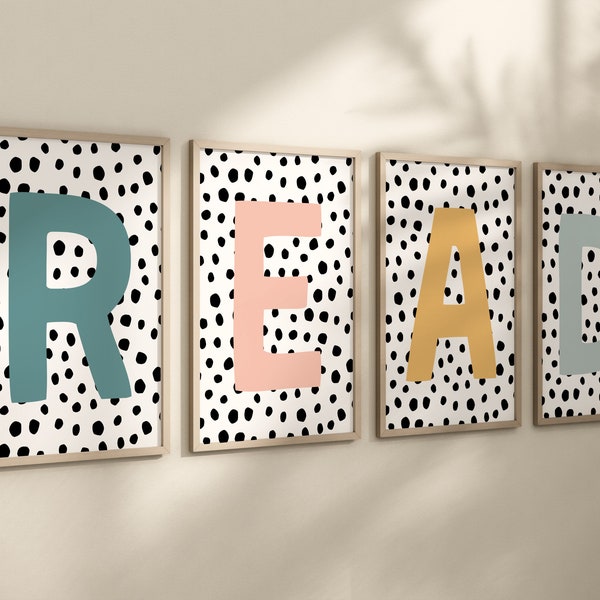 Arte de pared "Leer letras", juego de cuatro, decoración de pared para sala de juegos, impresiones para sala de juegos, arte de pared para sala de juegos, decoración para sala de juegos, imprimible, descarga digital