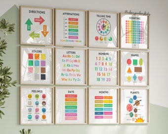 Set of 12 Educational Wall Prints, Montessori Classroom Decor, Homeschool Prints, Rainbow Alphabet Printable Chart, Kids Playroom Wall Decor