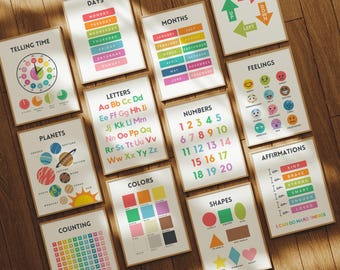 Set of 12 Educational Wall Prints, Montessori Classroom Decor, Homeschool Prints, Rainbow Alphabet Printable Chart, Kids Playroom Wall Decor