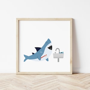 May include: A blue shark cartoon character brushing its teeth with a red toothbrush in front of a white sink with a silver faucet. The shark has a closed eye and a happy expression.