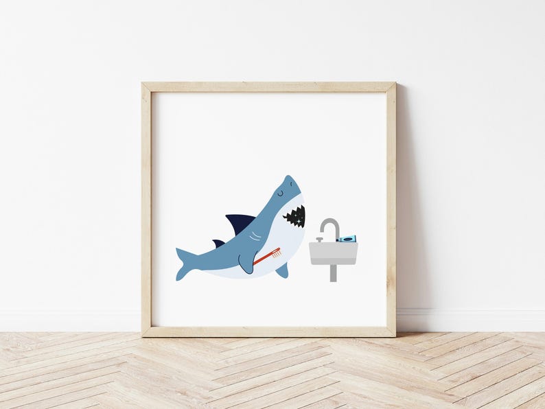 May include: A blue shark cartoon character brushing its teeth with a red toothbrush in front of a white sink with a silver faucet. The shark has a closed eye and a happy expression.