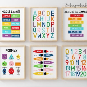 Playroom Wall Art Set, Set of 6, French Educational Prints, Classroom Posters, Home School Learning, Kids Wall Decor, Alphabet, Numbers