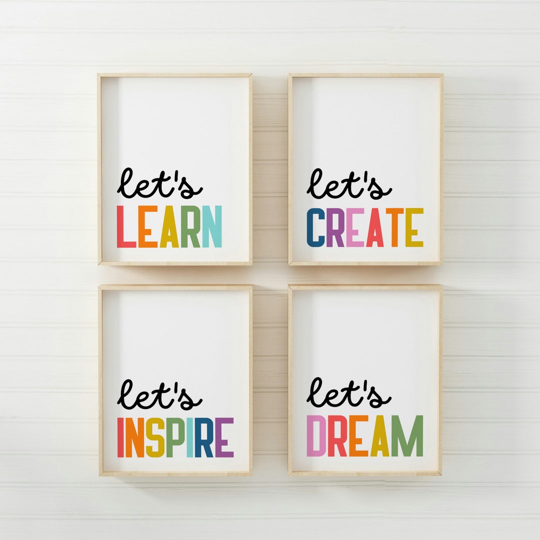4er Set Klassenzimmer Poster, Regenbogen Spielzimmer, Lass uns lernen, Kleinkind Wandkunst