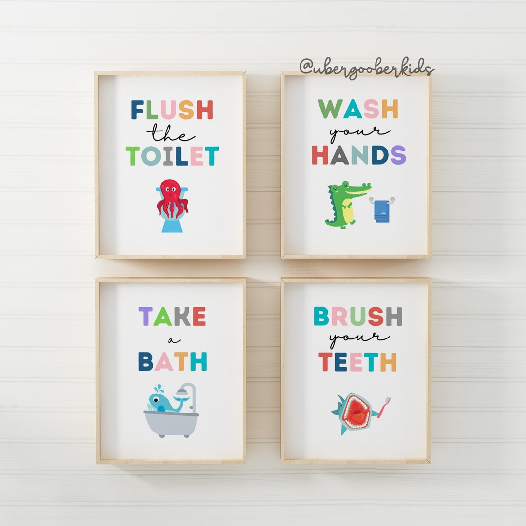 Kids Bathroom Art Set, Bathroom Wall Prints, Set of 4, Wash Your Hands
