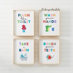 Kids Bathroom Art Set, Bathroom Wall Prints, Set of 4, Wash Your Hands, Brush Your Teeth, Kids Bathroom Decor, Children's Bathroom Wall Art