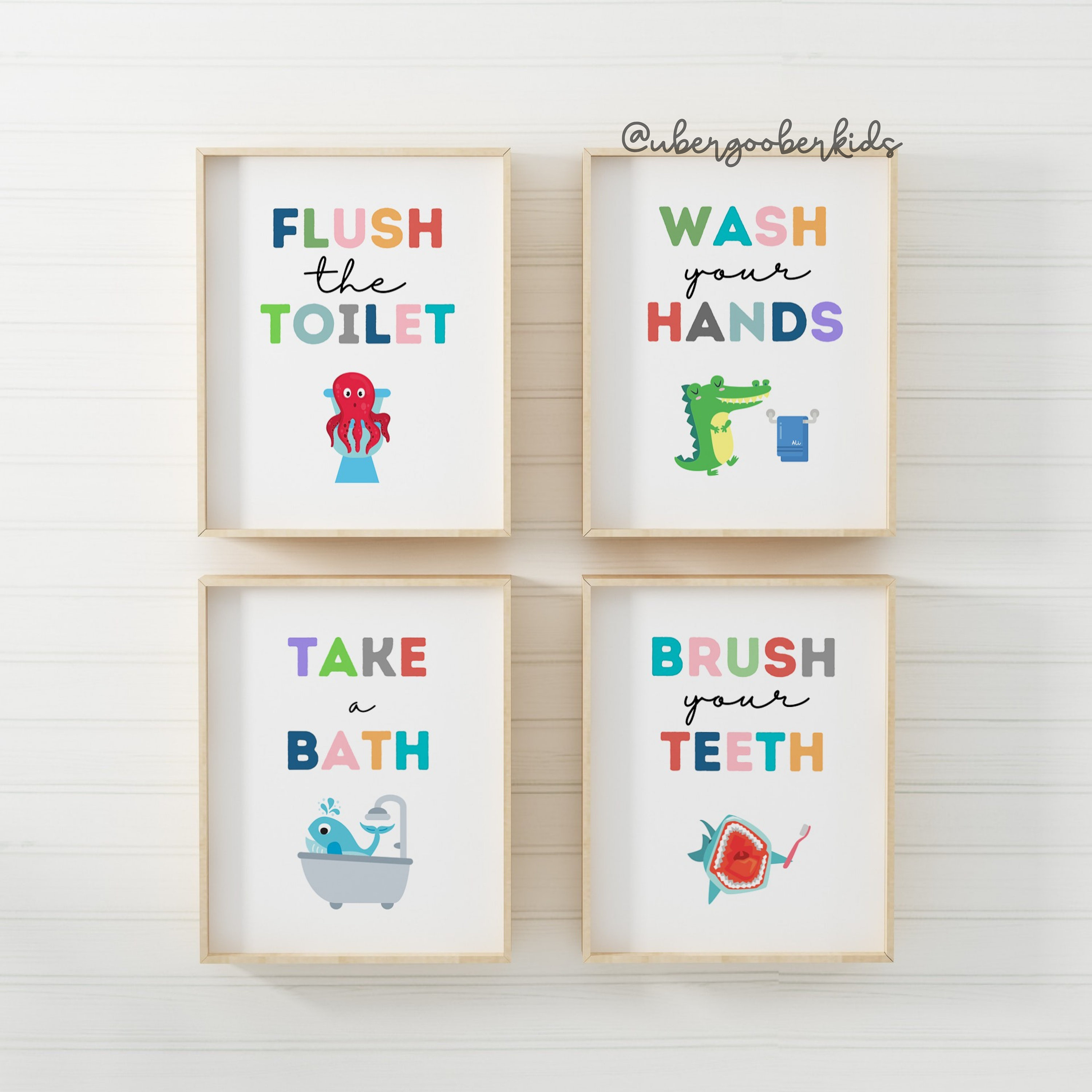 Kids Bathroom Art Set Bathroom Wall Prints Set of 4 Wash Etsy