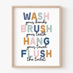 Kids Shared Bathroom Art, Bathroom Wall Prints, Wash Your Hands, Brush Your Teeth, Flush Toilet, Kids Bathroom Decor, Shared Bathroom Art