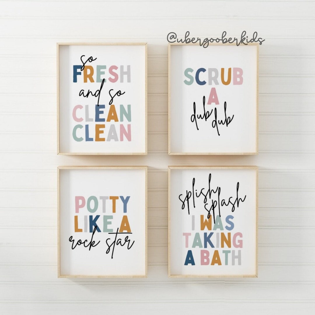 Kids Bathroom Art Set, Bathroom Wall Prints, Set of 4, Splish Splash