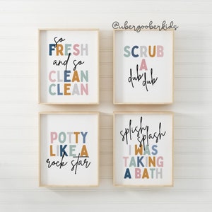 Kids Bathroom Art Set, Bathroom Wall Prints, Set of 4, Splish Splash, So Fresh and Clean, Kids Bathroom Decor, Children's Bathroom Wall Art