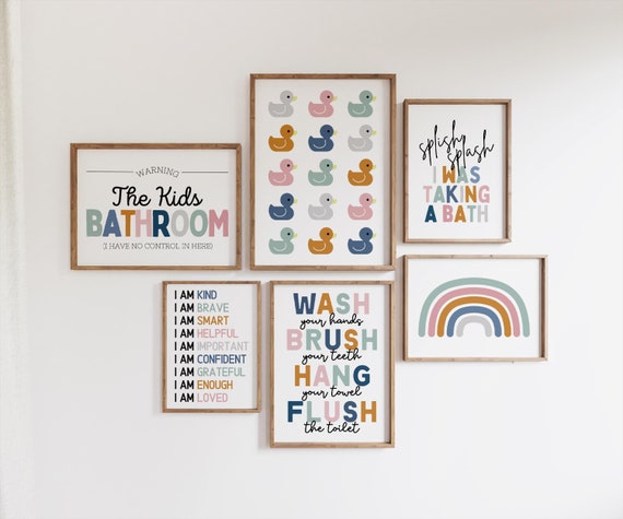 Kids Bathroom Gallery Art Set, Neutral Bathroom Wall Art, Duck Art Print, Affirmation Poster, Bathroom Rules Sign, Kids Bathroom Decor