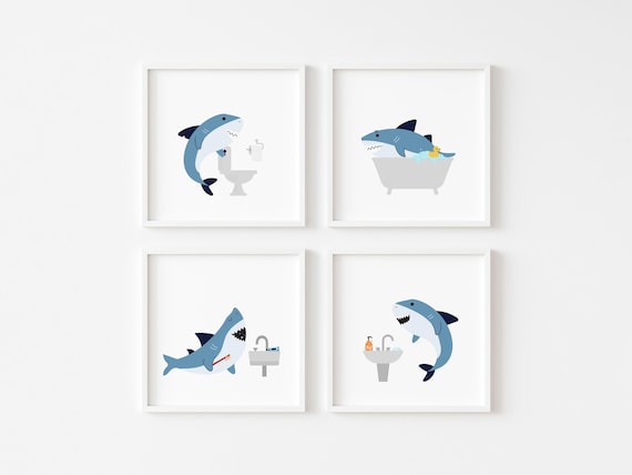Kids Shark Bathroom Art Set, Shark Decor, Bathroom Wall Prints, Set of 4, Kids Bathroom Decor, Toddler Boys Bathroom, Cute Bathroom Art