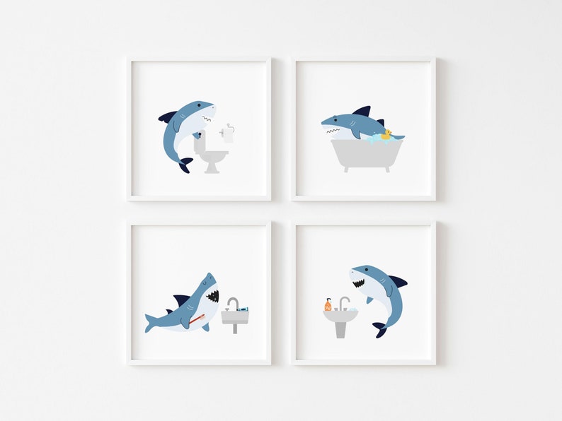 May include: Four framed illustrations of a blue shark in a bathroom setting. The shark is shown brushing its teeth, taking a bath, using the toilet, and washing its face.