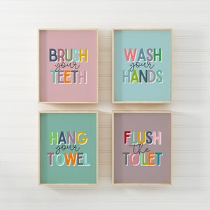 Kids Bathroom Art Set, Bathroom Wall Prints, Set of 4, Wash Your Hands, Brush Your Teeth, Kids Bathroom Decor, Children's Bathroom Wall Art
