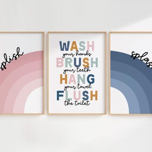 Décoration pour salle de bain d'enfants, Affiches murales pour salle de bain partagée, Lot de 3, Lavez-vous les mains, Brossez-vous les dents, Décoration pour salle de bain d'enfants, Art pour salle de bain d'enfants