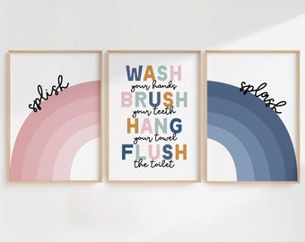Kids Bathroom Decor, Shared Bathroom Wall Prints, Set of 3, Wash Your Hands, Brush Your Teeth, Kids Bathroom Decor, Children's Bathroom Art