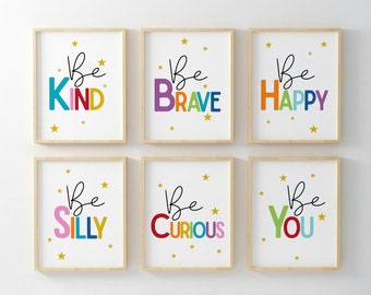 Kids Affirmation Prints, Set of 4, Be You, Be Brave, Be Kind, Be Happy, Kids Wall Decor, Printable Wall Art, Digital Download, Motivational