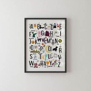 May include: A colorful alphabet poster with Halloween-themed illustrations. Each letter of the alphabet is paired with a Halloween-related word and image, such as "A is for Arachnid", "B is for Bat", "C is for Cauldron", and so on. The poster is perfect for decorating a classroom or a child's room.