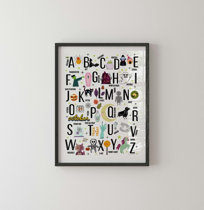 May include: A colorful alphabet poster with Halloween-themed illustrations. Each letter of the alphabet is paired with a Halloween-related word and image, such as "A is for Arachnid", "B is for Bat", "C is for Cauldron", and so on. The poster is perfect for decorating a classroom or a child's room.