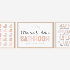 Girls Pink Bathroom Print Set, Duck Print, Sisters Art, Sibling Bathroom Decor, Printable Art, Kids Bathroom Wall Art, Cute Bathroom Art