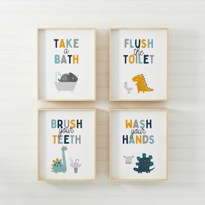 Kids Bathroom Art Set, Bathroom Wall Prints, Set of 4, Wash Your Hands, Brush Your Teeth, Kids Bathroom Decor, Children's Bathroom Wall Art