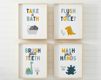 Kids Bathroom Art Set, Bathroom Wall Prints, Set of 4, Wash Your Hands, Brush Your Teeth, Kids Bathroom Decor, Children's Bathroom Wall Art