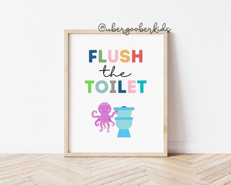 Sea Animals Bathroom Set, Bathroom Wall Prints, Set of 4, Wipe Your Bum, Flush The Toilet, Kids Bathroom Decor, Children's Bathroom Wall Art image 3