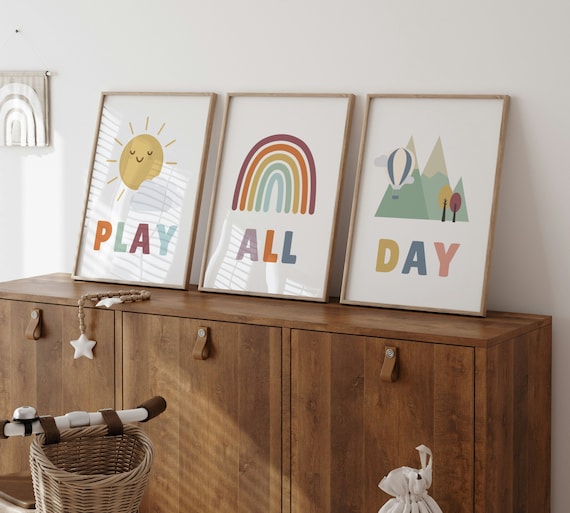 Play All Day Wall Art, Let's Play Sign, Playroom Art, Playroom Prints, Playroom Wall Decor, Playroom Posters, Kids Playroom Art, Rainbow