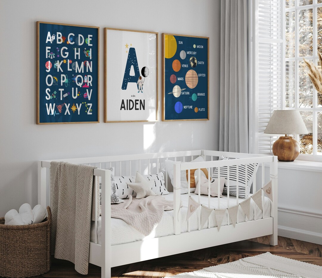 Space Wall Art Set of 3, Space Themed Nursery, Custom Baby Name Print ...