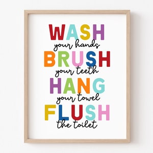 Kids Shared Bathroom Art, Bathroom Wall Prints, Wash Your Hands, Brush Your Teeth, Flush Toilet, Kids Bathroom Decor, Shared Bathroom Art