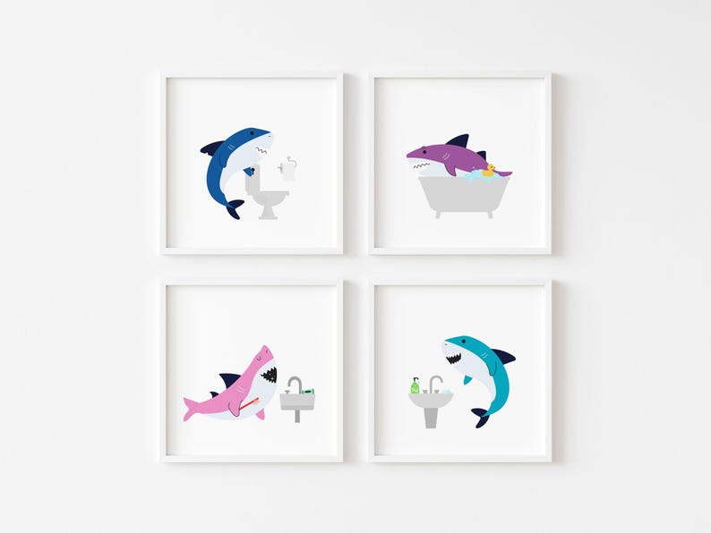 May include: Set of four framed prints featuring cartoon sharks in various bathroom settings. The prints feature a blue shark brushing its teeth, a purple shark taking a bath, a pink shark brushing its teeth, and a blue shark washing its face.