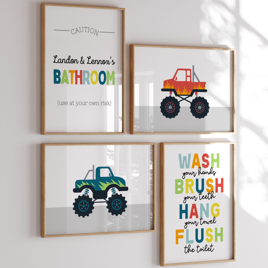 Custom Monster Truck Bathroom Wall Art Set - Personalized Kids Bathroom ...