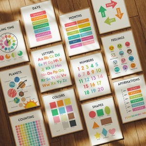 Set of 12 Educational Wall Prints, Montessori Classroom Decor, Homeschool Prints, Rainbow Alphabet Printable Chart, Kids Playroom Wall Decor