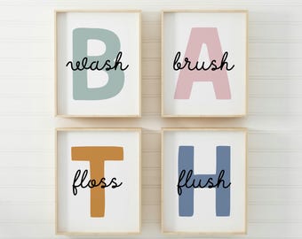 Kids Bathroom Art Prints: Wash Brush Floss Flush (Digital Download)