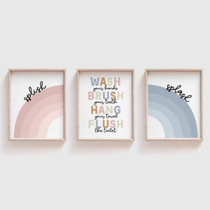 Kids Shared Bathroom Art, Bathroom Wall Prints, Set of 3, Wash Your Hands, Gender Neutral Art, Kids Bathroom Decor, Kids Wall Decor, Digital
