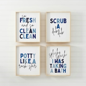 Kids Bathroom Art Prints: Set of 4, Modern Typography