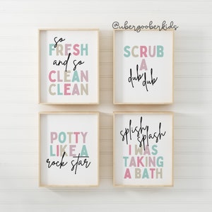 Set di decorazioni per il bagno per bambini, stampe da parete per il bagno, set da 4, Splish Splash, decorazioni da parete per vasca da bagno, decorazioni per il bagno per bambini, decorazioni da parete per il bagno per bambini