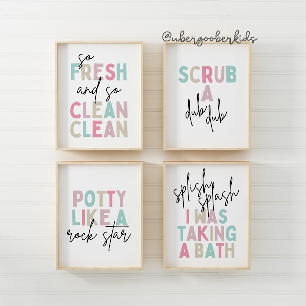 Kids Bathroom Art Set, Bathroom Wall Prints, Set of 4, Splish Splash, Bathtub Wall Art, Kids Bathroom Decor, Children's Bathroom Wall Art