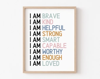 バスルームの肯定的な言葉のプリント、子供用バスルームの装飾、肯定的な言葉、性別を問わない、レインボーバスルームアート、子供部屋の装飾、印刷可能