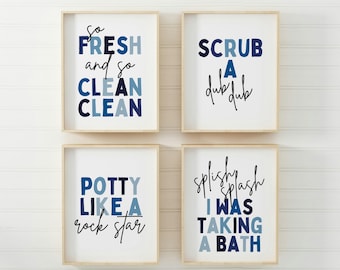 Kids Bathroom Art Set, Bathroom Wall Prints, Set of 4, Splish Splash, Scrub a Dub Dub, Kids Bathroom Decor, Children's Bathroom Wall Art