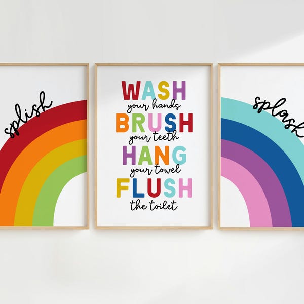 Kids Bathroom Art Set, Bathroom Wall Prints, Set of 3, Wash Your Hands, Brush Your Teeth, Kids Bathroom Decor, Children's Bathroom Wall Art