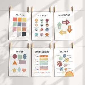 May include: Set of 6 colorful educational posters for kids featuring themes like colors, feelings, directions, shapes, affirmations, and planets. Each poster has a different design with illustrations and text.