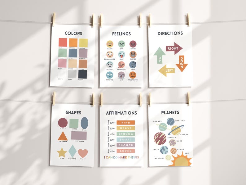 May include: Set of 6 colorful educational posters for kids featuring themes like colors, feelings, directions, shapes, affirmations, and planets. Each poster has a different design with illustrations and text.