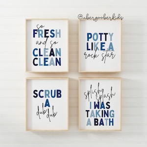 Kids Bathroom Art Set, Bathroom Wall Prints, Set of 4, Splish Splash, So Fresh and Clean, Kids Bathroom Decor, Children's Bathroom Wall Art