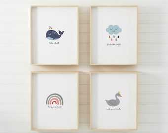 Kids Bathroom Art Set, Bathroom Wall Prints, Set of 4, Wash Your Hands, Flush the Toilet, Kids Bathroom Decor, Children's Bathroom Wall Art