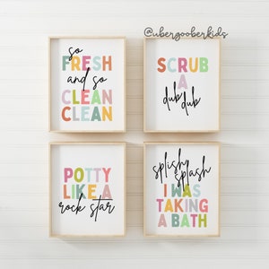 Kids Bathroom Art Set, Bathroom Wall Prints, Set of 4, Splish Splash, Scrub a Dub Dub, Kids Bathroom Decor, Children's Bathroom Wall Art