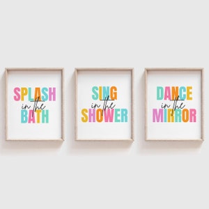 Kids Bathroom Art Set, Bathroom Wall Prints, Set of 3, Girls Room Decor, Splash Sing Dance, Bathroom Decor, Children's Bathroom Wall Art