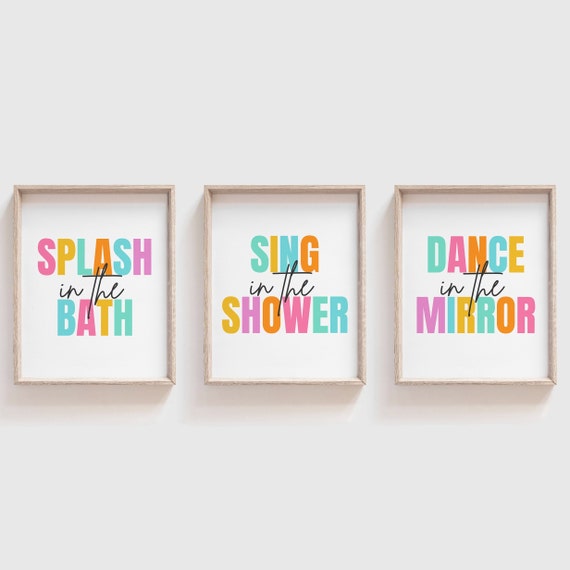 Kids Bathroom Art Set, Bathroom Wall Prints, Set of 3, Girls Room Decor, Splash Sing Dance, Bathroom Decor, Children's Bathroom Wall Art